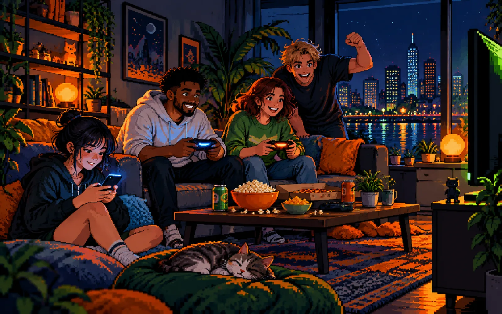 Pixel-art illustration of friends gaming together in a living room at night