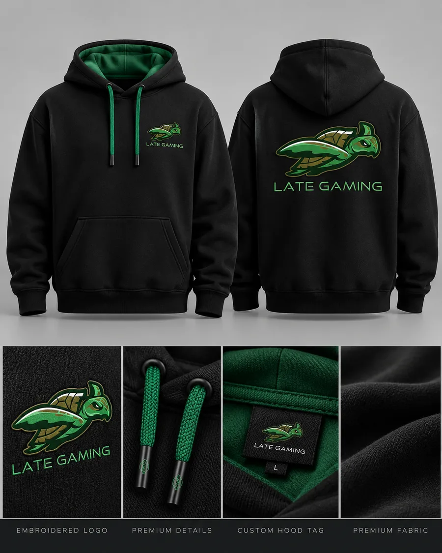 Hoodie — Embroidered logo · green drawstrings