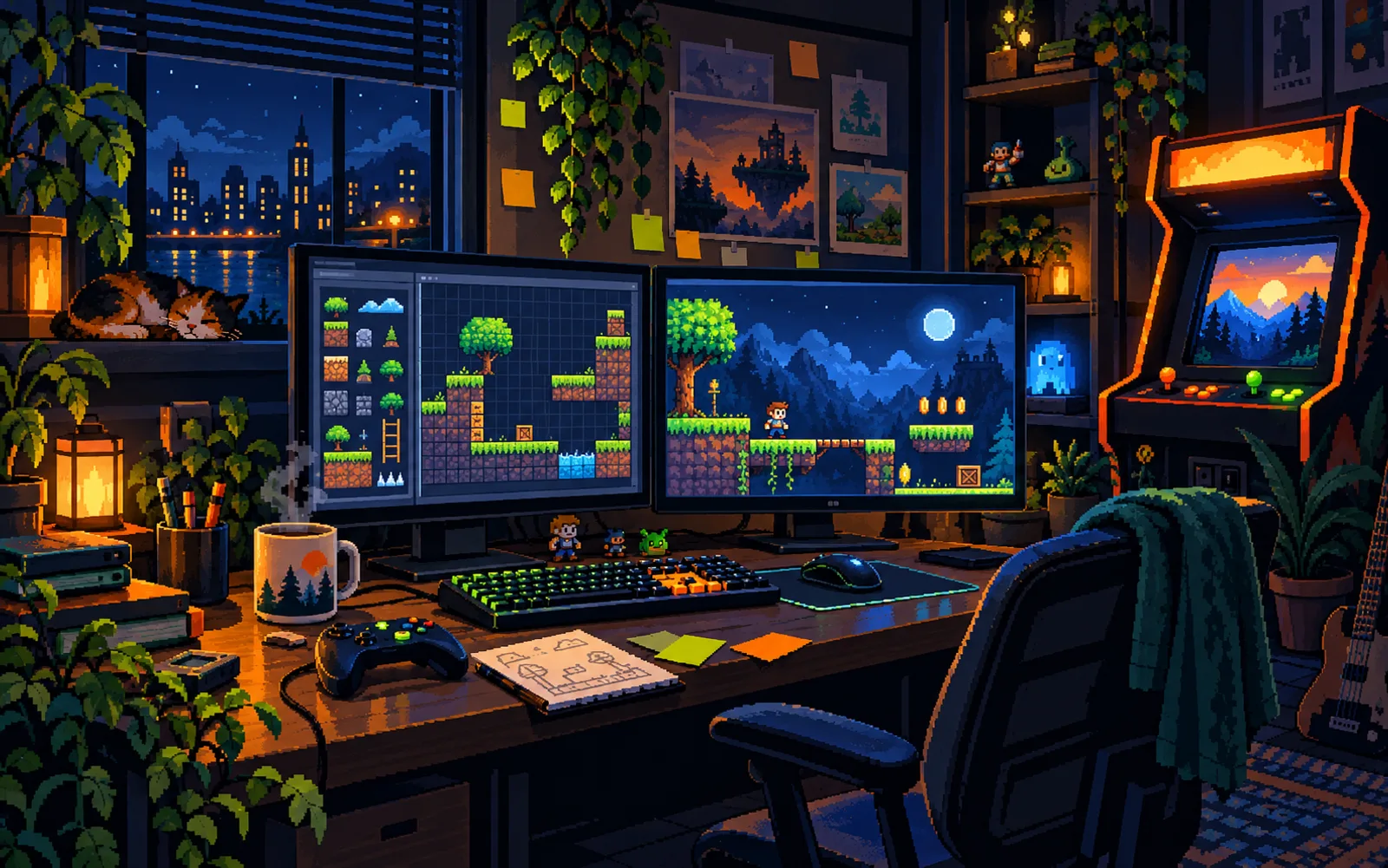 Pixel-art indie game studio desk with an arcade cabinet